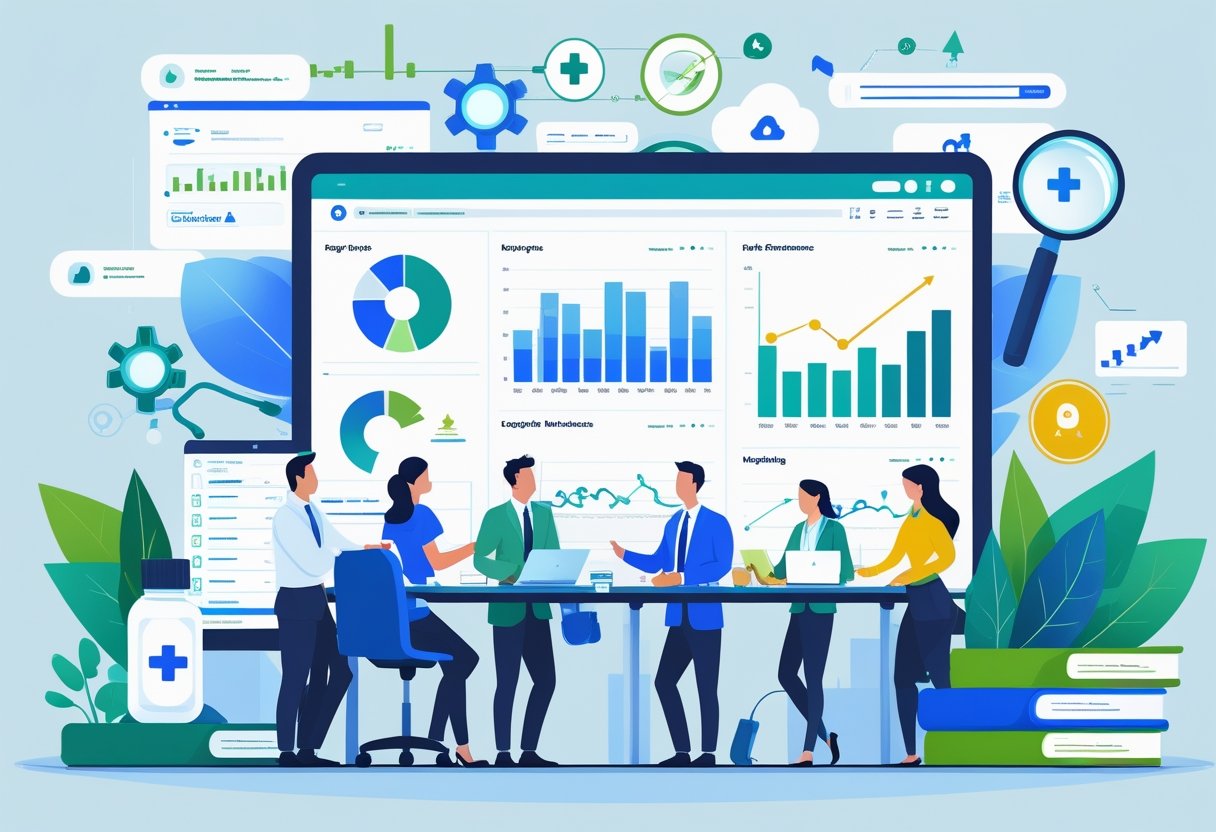 A team of professionals working together in an office with digital screens showing data and healthcare-related icons like medicine bottles and stethoscopes.