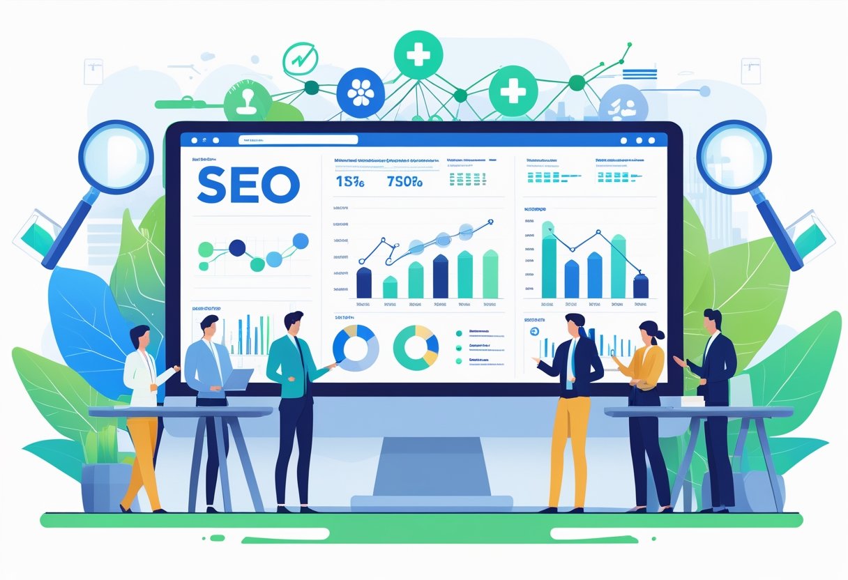 A team of professionals working together in an office with digital screens showing healthcare-related data and SEO analytics, surrounded by medical and digital marketing icons.