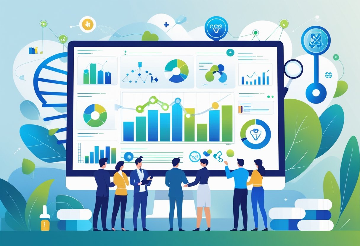 A group of professionals working together in an office with digital screens showing charts and healthcare symbols like a stethoscope and medicine capsules.